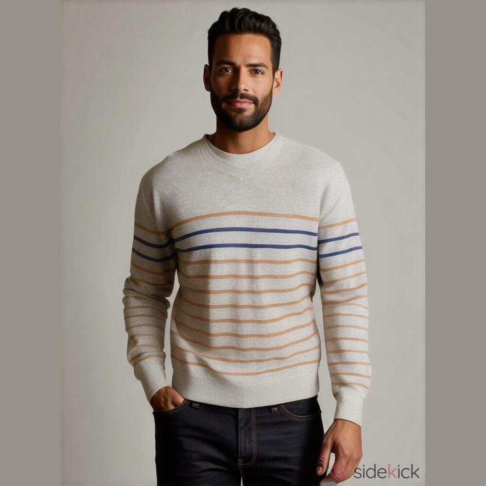 Gap Mens Sweater Size XL Light Heather Gray Mustard Blue Breton Stripe VNeck NEW